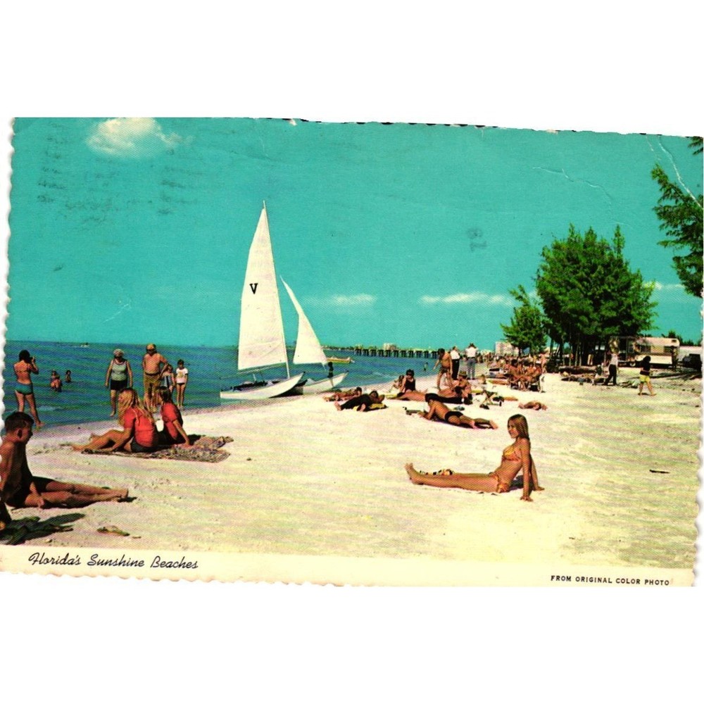 Vintage 1977 Florida Sunshine Beaches Naples Postcard Sailboat Beach Scene Used