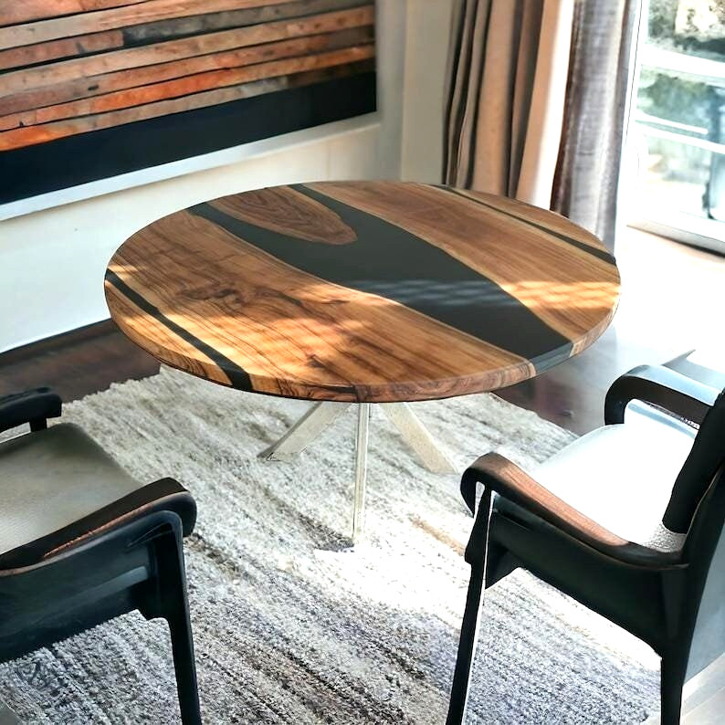 Round Acacia Wood Epoxy Coffee Table Top Black Resin River Live Edge Handmade