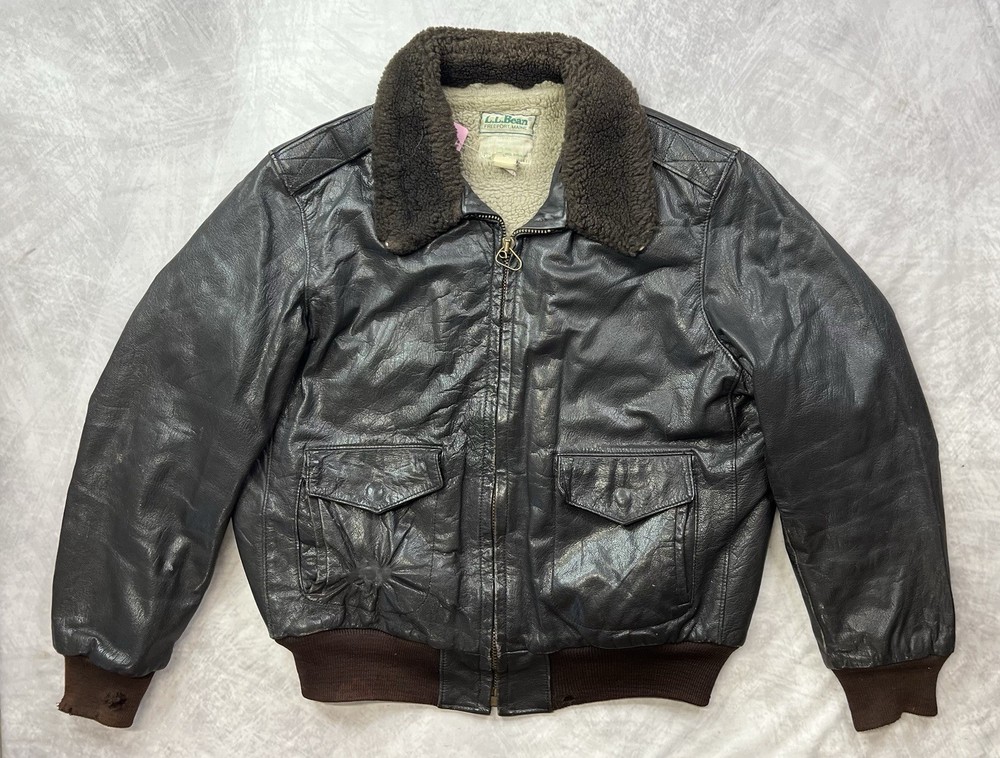 Vintage 80s LL Bean G1 Brown Leather Flight Bomber Jacket Size 46 Wool Shearling
