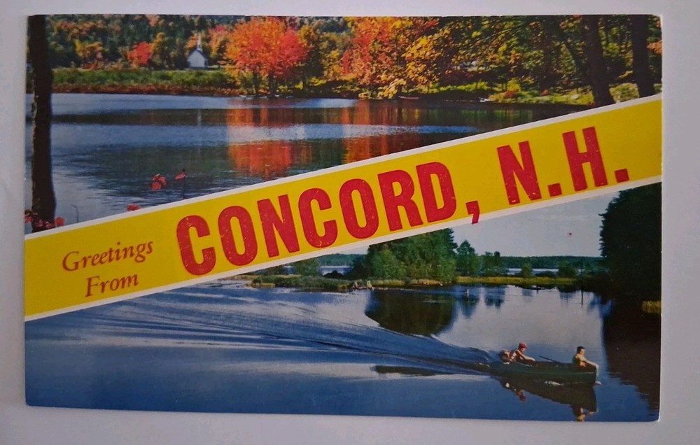 Concord NH-New Hampshire Banner Greetings Autumn Foliage Lake Vintage Postcard