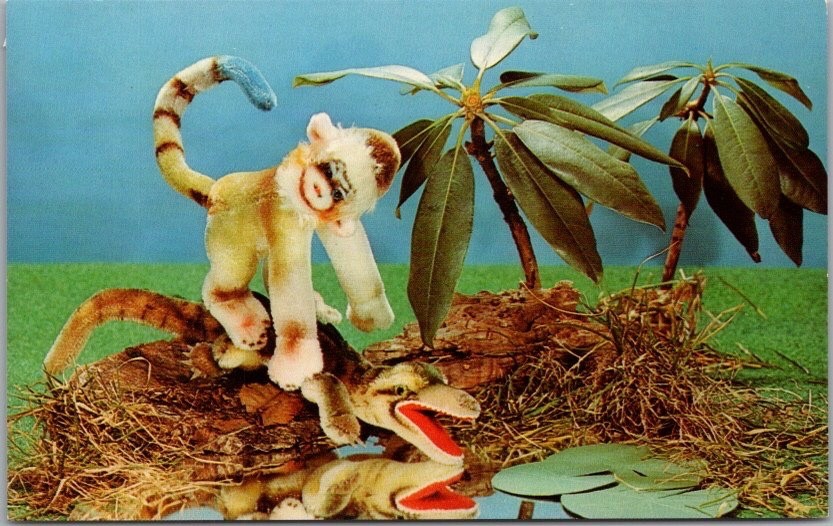 Vintage 1960 STEIFF Stuffed Animal Advertising POSTCARD No. 6 Monkey & Crocodile
