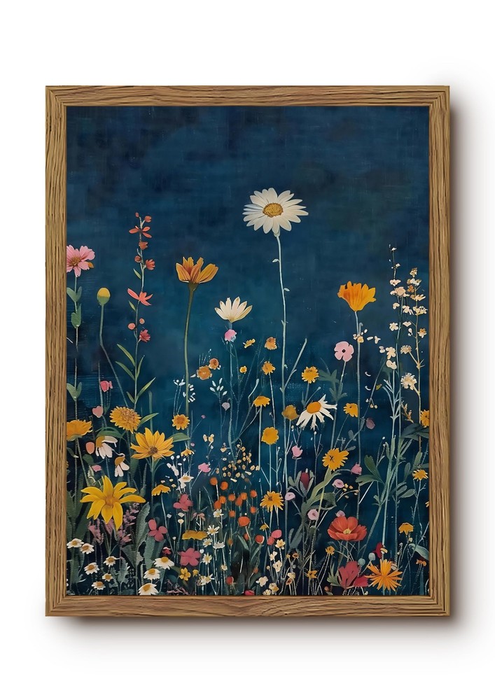 Vintage Spring Wildflower Wall Art, Dark Blue Floral Pictures Wall Decor, Moo...