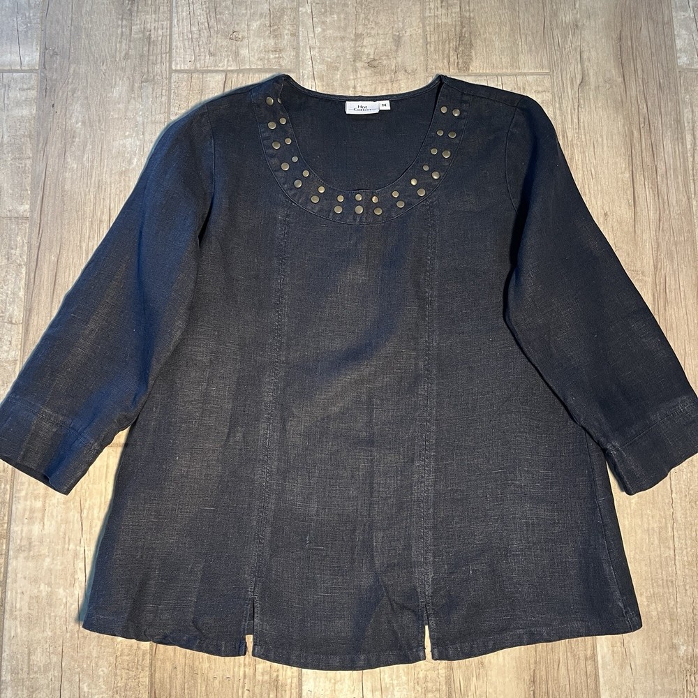 Hot Cotton Linen Blend Long Sleeve Black Tunic Stud Neckline Lagenlook Medium