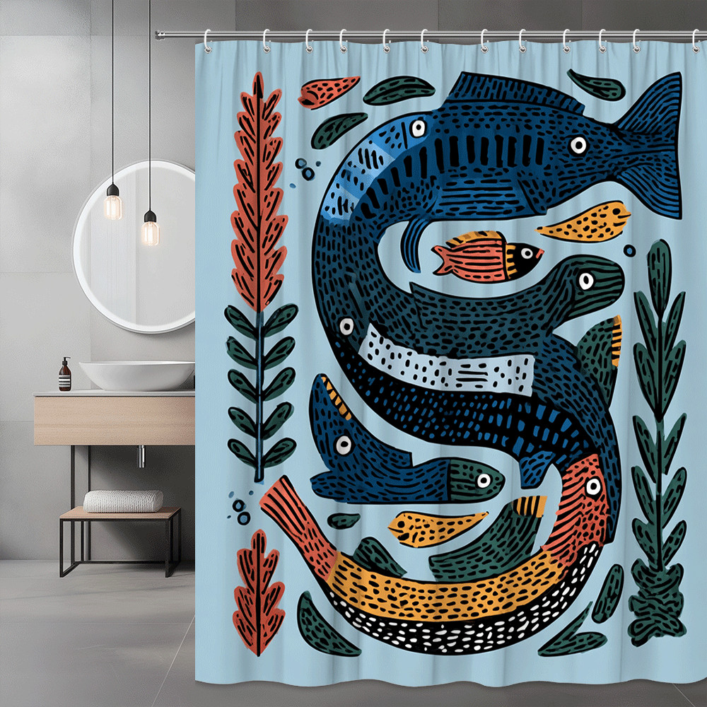 Fish Print Shower Curtain, Blue Nautical Style Wall Art
