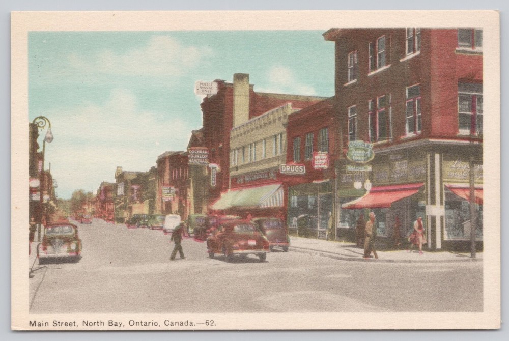 North Bay Ontario Canada, Main Street View Old Cars Shops, Vintage Postcard
