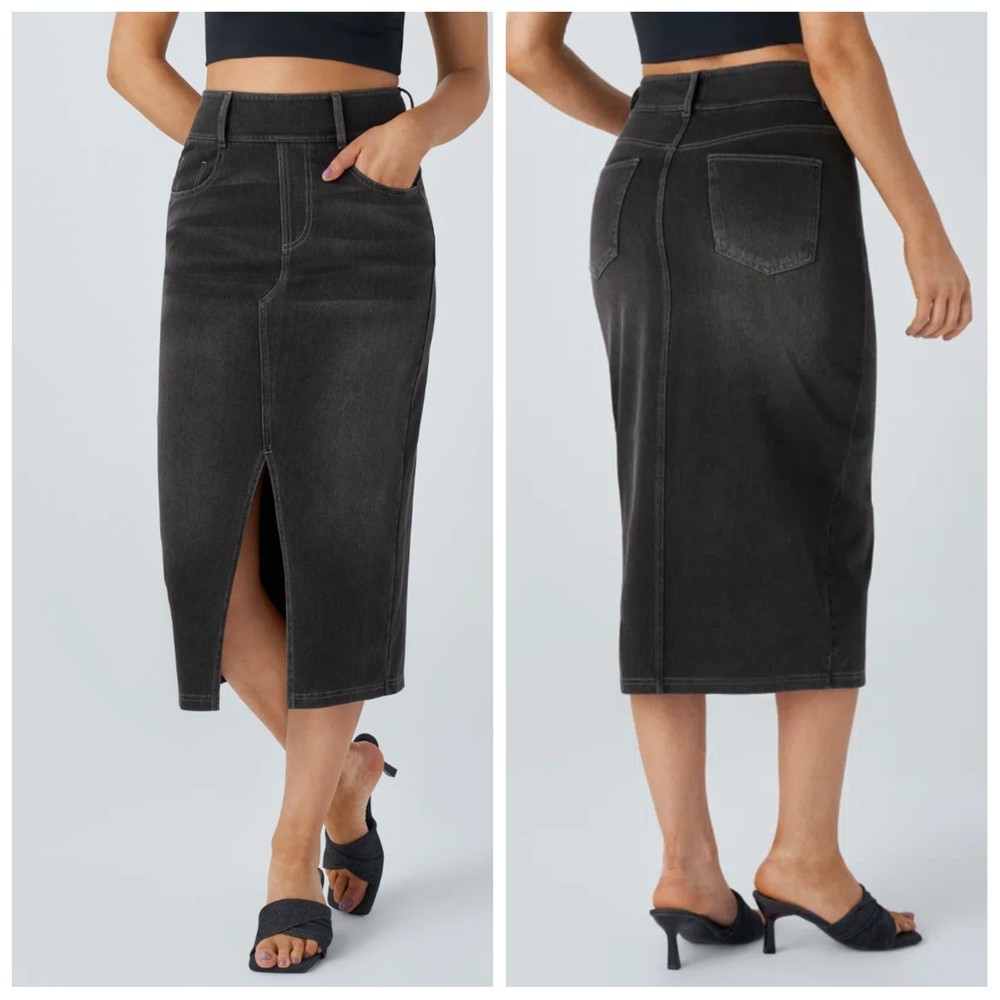 Halara Flex High Waisted Bodycon Washed Denim Casual Midi Skirt Women's Medium