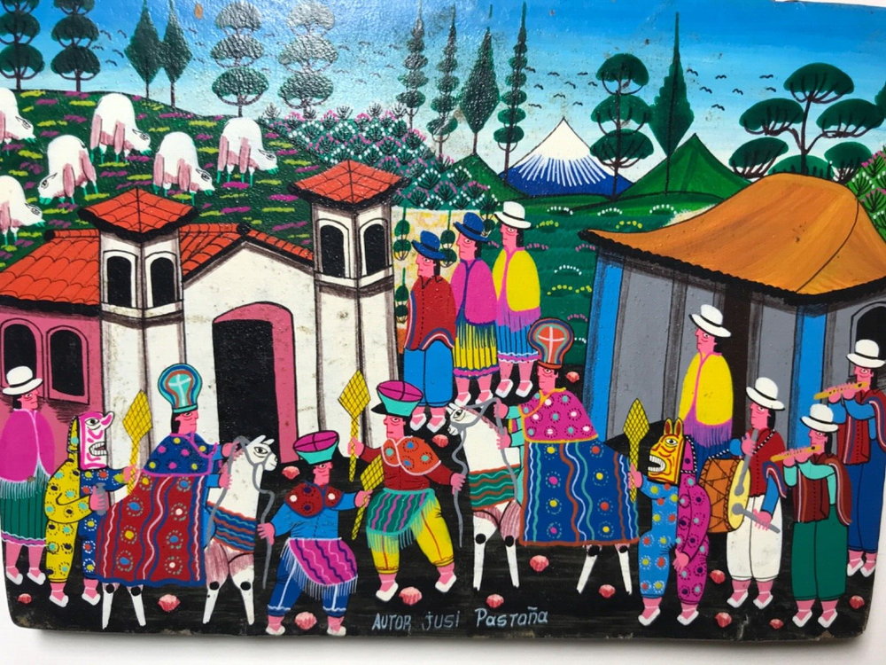Minature Folk Peruvian Painting Volcano Lamas Figures  Bright Colors 5X7