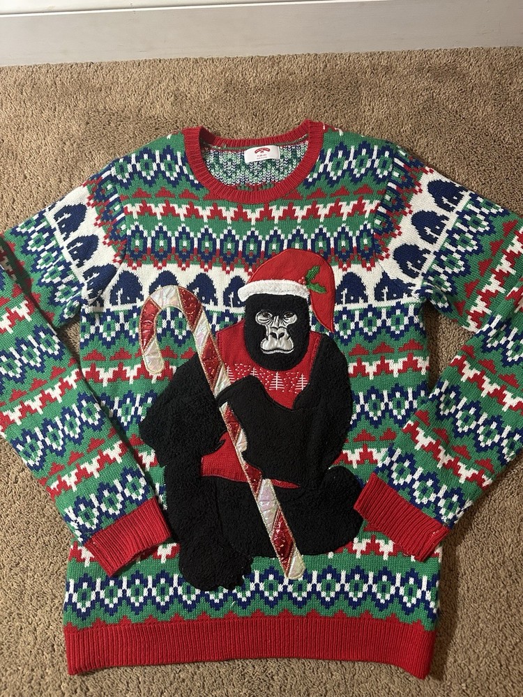 Holiday Time Men's Christmas Sweater Size M 38-40 Gorilla Candy Cane Santa Hat