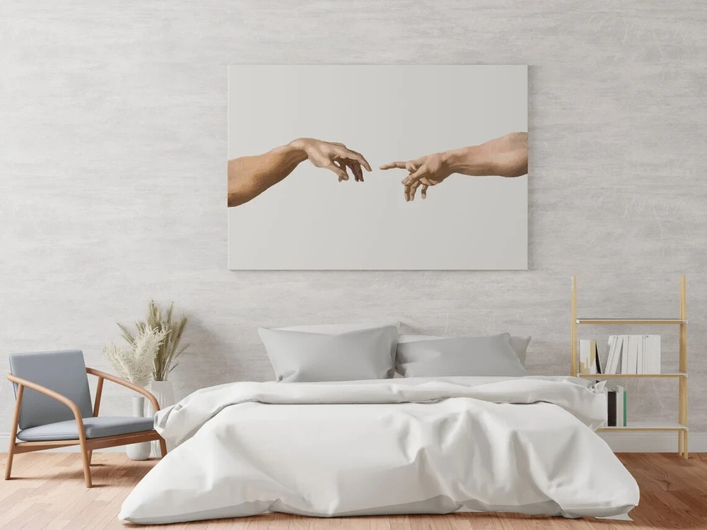 Greek God & Man Hands Painting on Grey Unframed Canvas Print Australian Wall Art