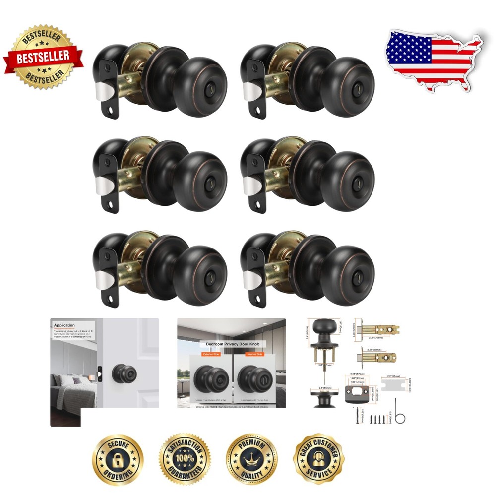 6-Pack Oil-Rubbed Bronze Privacy Door Knobs with Stainless Steel Locks for Easy Installation