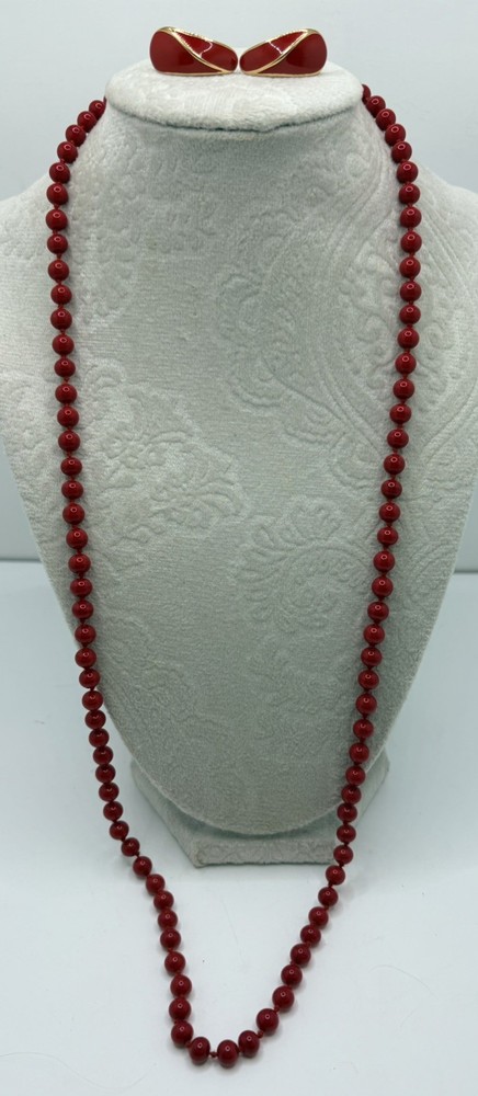Monet Vintage Necklace Cherry Red Beaded knotted Signed 1970s Trifari earrings