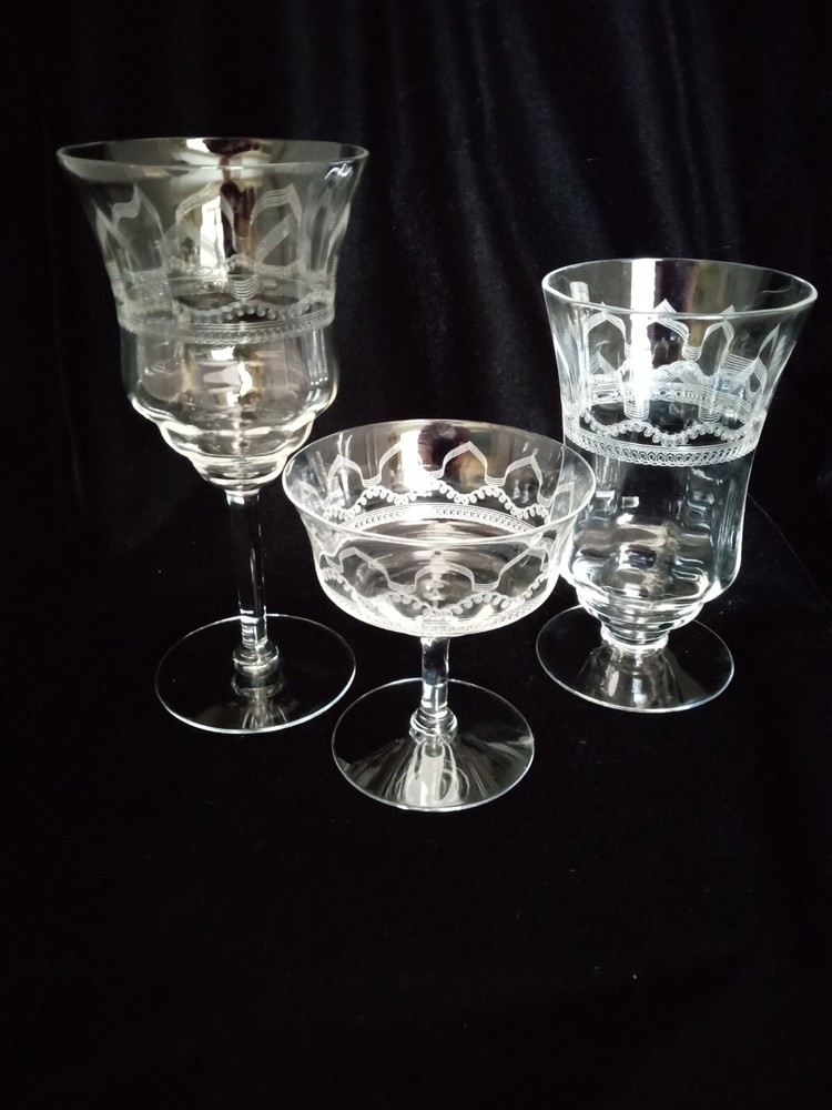 Set of 24 Gorgeous Late Victorian Machine Etched Champagne, tea, & wine Glasses