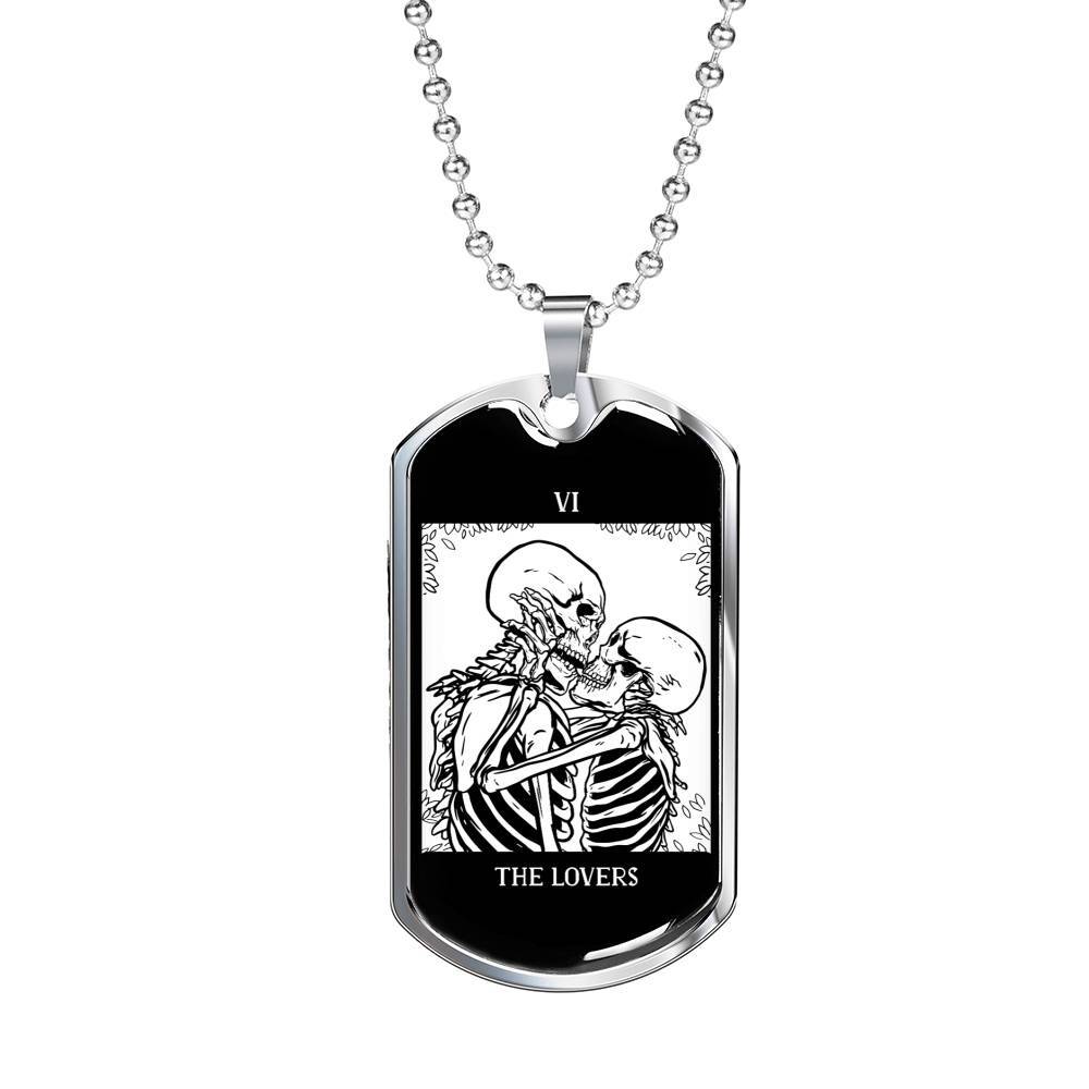Tarot Card Necklace The Lovers Kissing Skeletons in Stainless Steel or 18k Gold