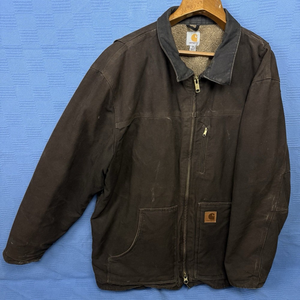 Carhartt 2Xl Tall Duck Canvas Sherpa Lined Work Jacket Brown Full Zip