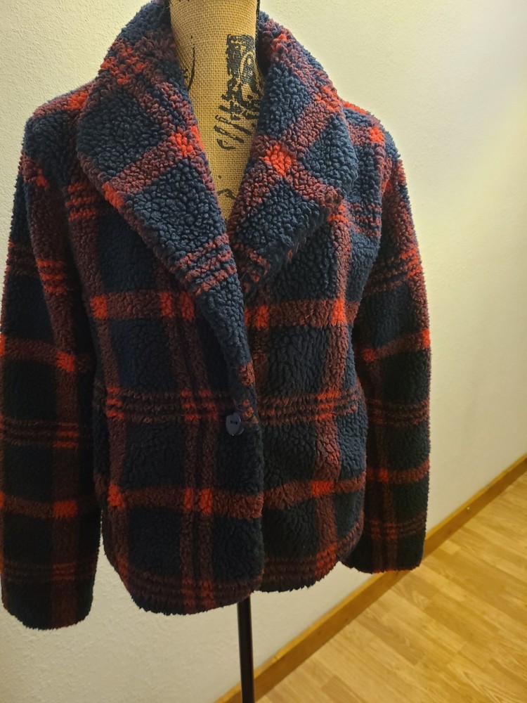 Sanctuary Red Blue Plaid Faux Sherpa Teddy Bear Fleece Jacket