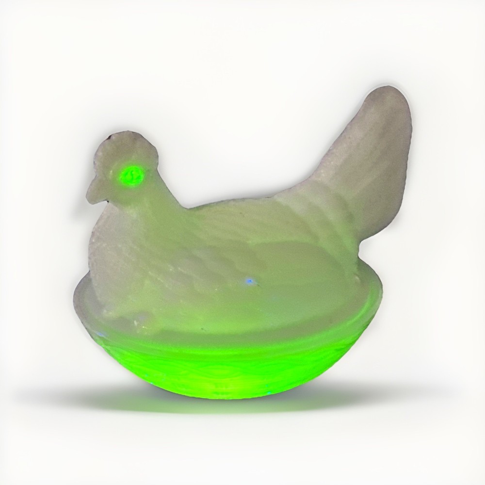 1800's Thomas B. Atterbury & Co. Milk Glass Hen On Nest Uranium Eyes 7” Antique