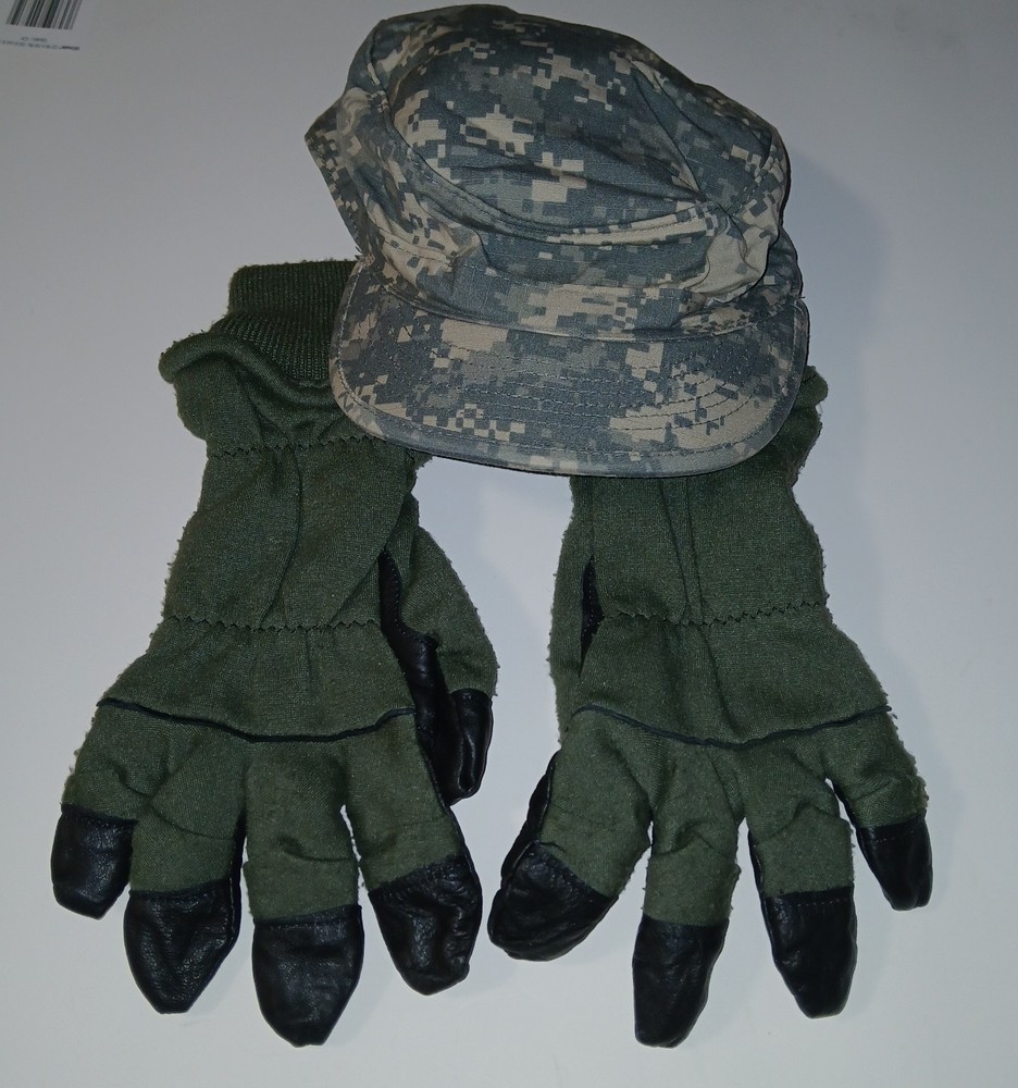 US ARMY Military Intermediate Cold Weather Flyers Flight Gloves & Patrol Cap Hat