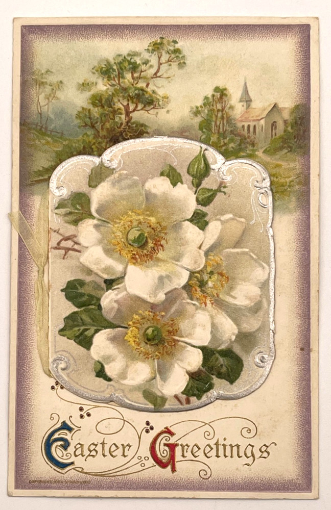 Tuck's 1908 Easter Postcard Floral Church Scene Embossed w/ Insert Germany