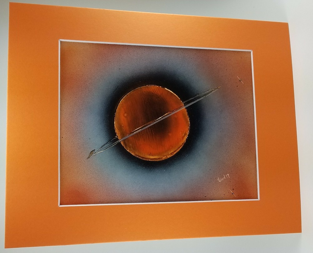 Orange Planet Painting signed by artist Jason Girard with a Color Matte board.