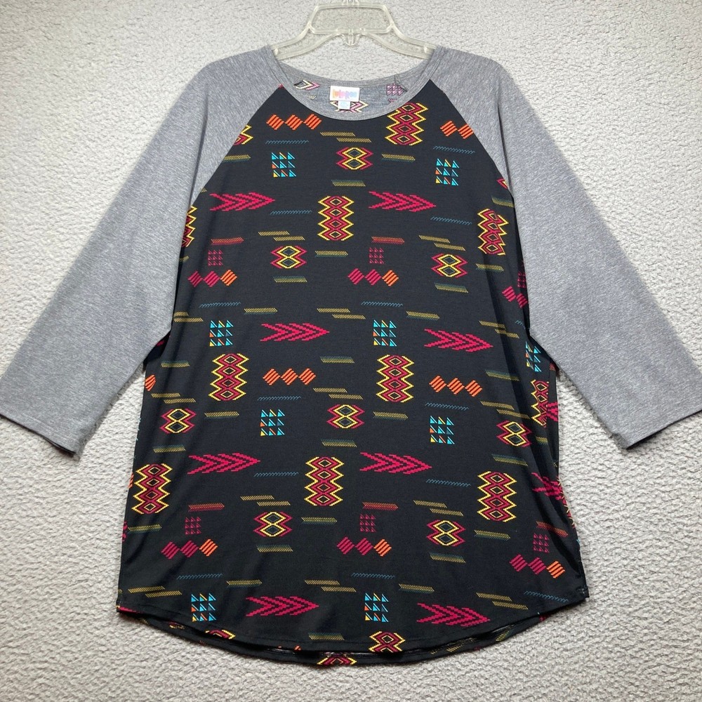 LuLaRoe Baseball T Shirt Women's 2XL Black Gray Aztec Tribal Print 3/4 Sleeve