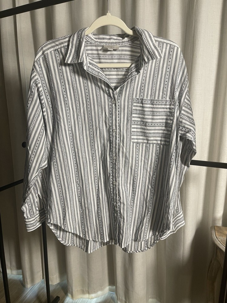 LOFT Women's White Blue Striped Woven Collared Long Sleeve Button-Up Shirt M