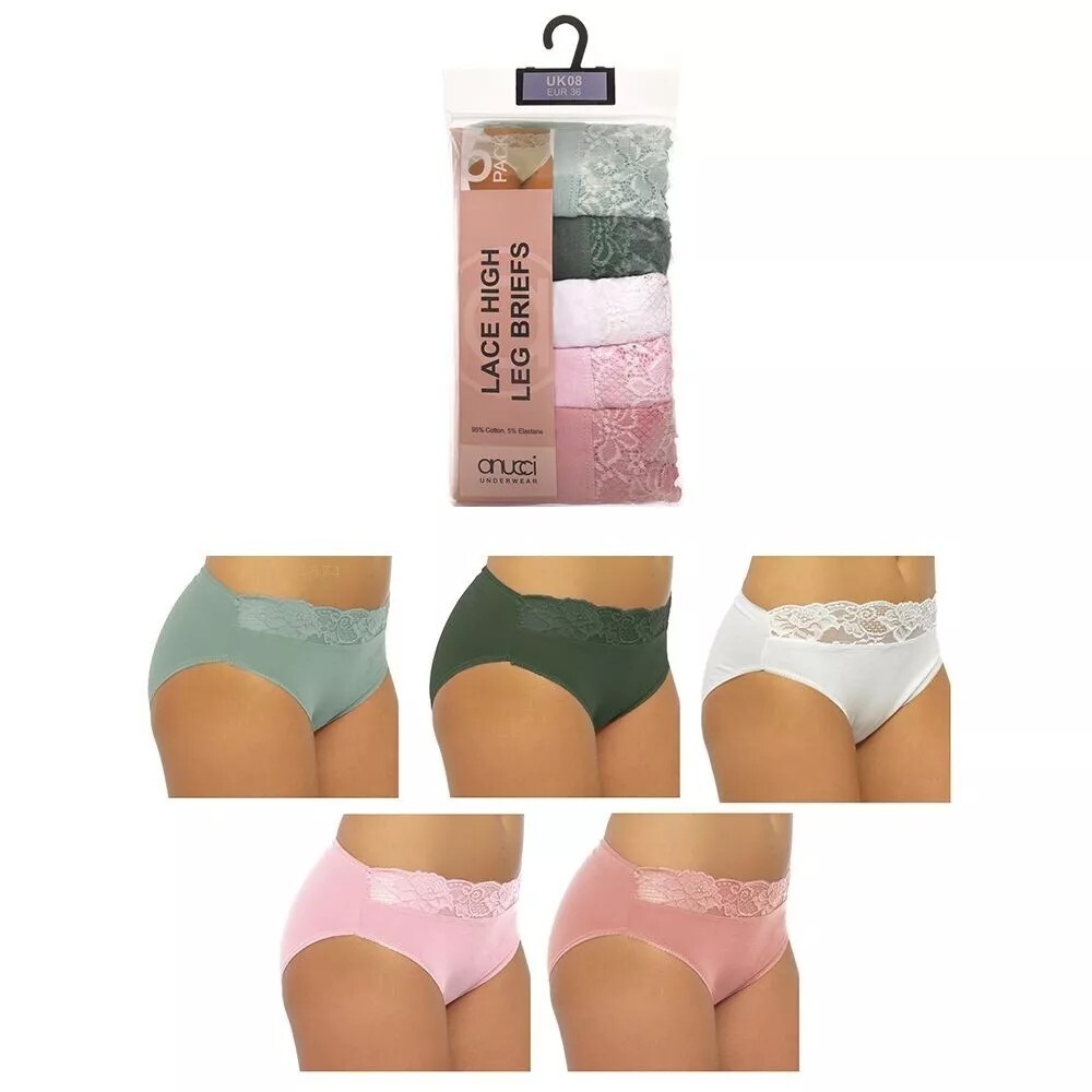 5 Pack Ladies High Leg Briefs Knickers Lace Top 95% Cotton Size 8- 18