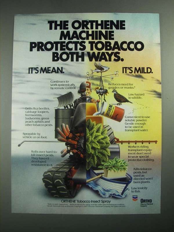 1987 Ortho Orthene tobacco insect spray Ad - Protects Both Ways