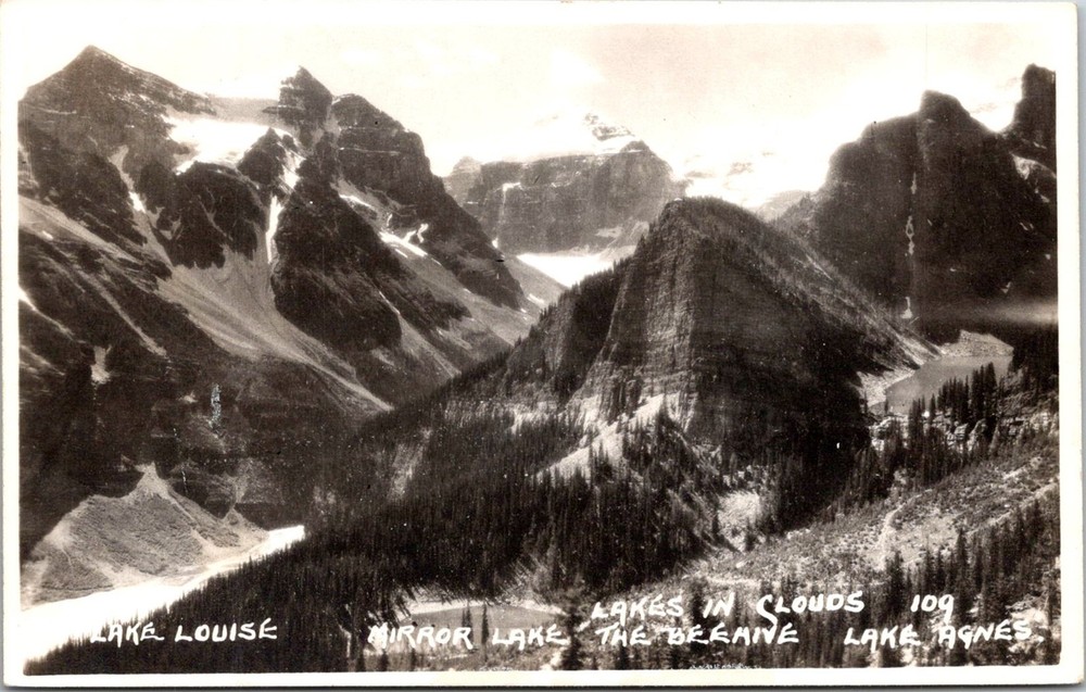 Dr Jim Stamps Postcard Real Photo Banff Park Lake Louise Mirror Lake Lake Agnes