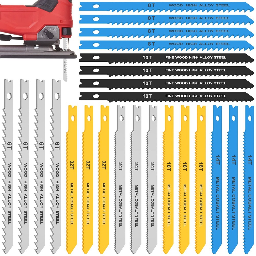 24PCS U-Shank Jig Saw Blade Set for Cutting Wood, Plastic & Metal