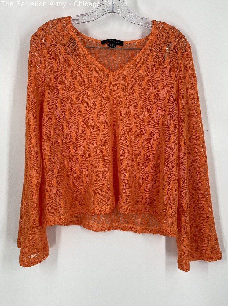 Sanctuary Womens Orange Crochet Long Sleeve Sheer Pullover Blouse Top Size S