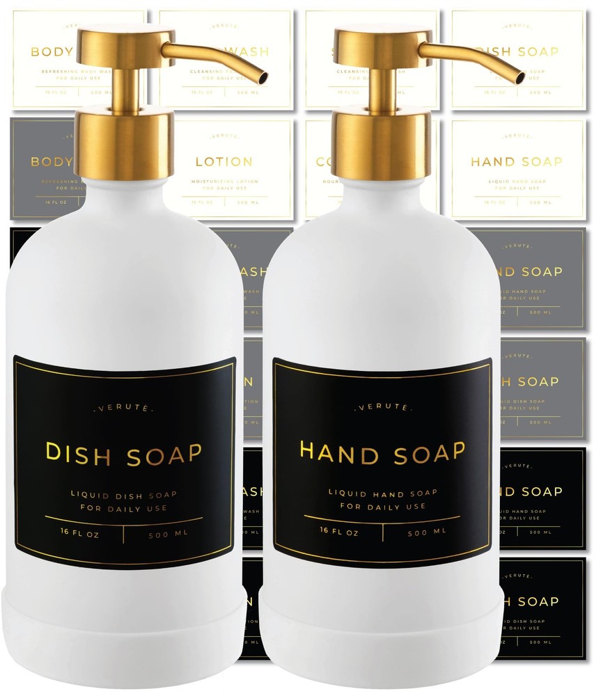 16oz Glass Soap Dispenser with Stainless Steel Pump, 21 Waterproof Labels, No...