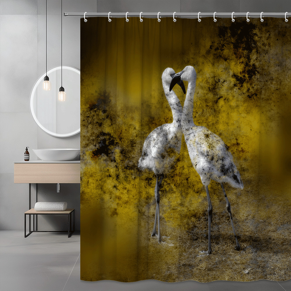 Flamingo Couple Shower Curtain Yellow Black Graphic Print