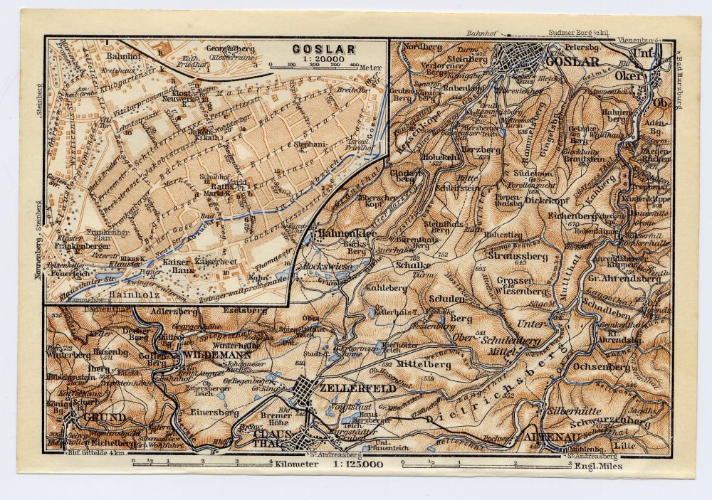 1925 Original Vintage City Map Of Goslar Lower Saxony Germany