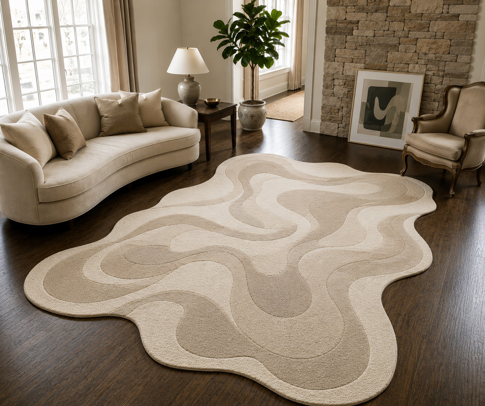 Modern Abstract Hand Tufted Wool Area Rug Irregular Shape Beige Cream Luxury Car