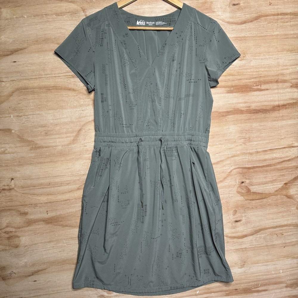 REI Co Op Womens Casual Dress Short Sleeve V Neck Drawstring Waist AOP Medium