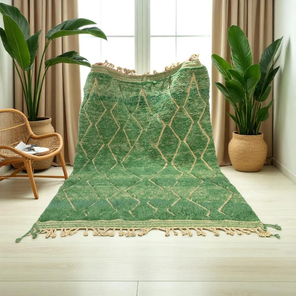 Hand Knotted Moroccan Berber Wool Rug Color Green Handmade Design Carpet Rug