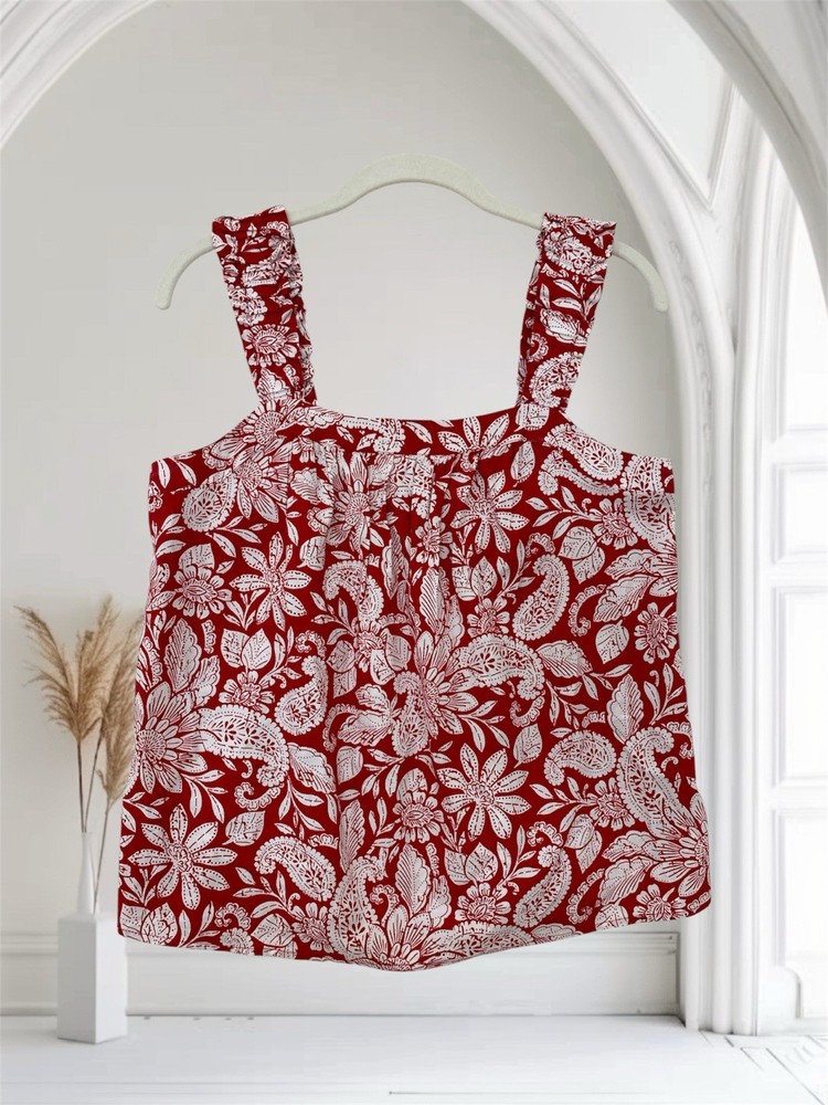 LOFT Red Floral Paisley Sleeveless Top Size Small Square Neck Summer Chic $49