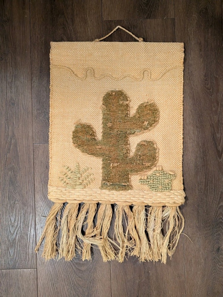 Vintage 1986 ICA Wall Hanging Southwest Woven Jute Textured 3D Cactus Tapestry