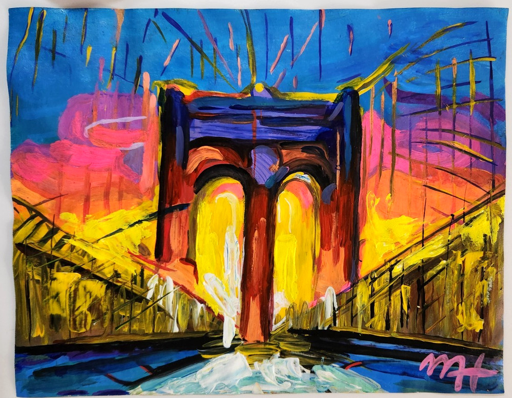 PETER MAX 12x9 in. Painting on paper (Brooklyn Bridge) signed & stamped