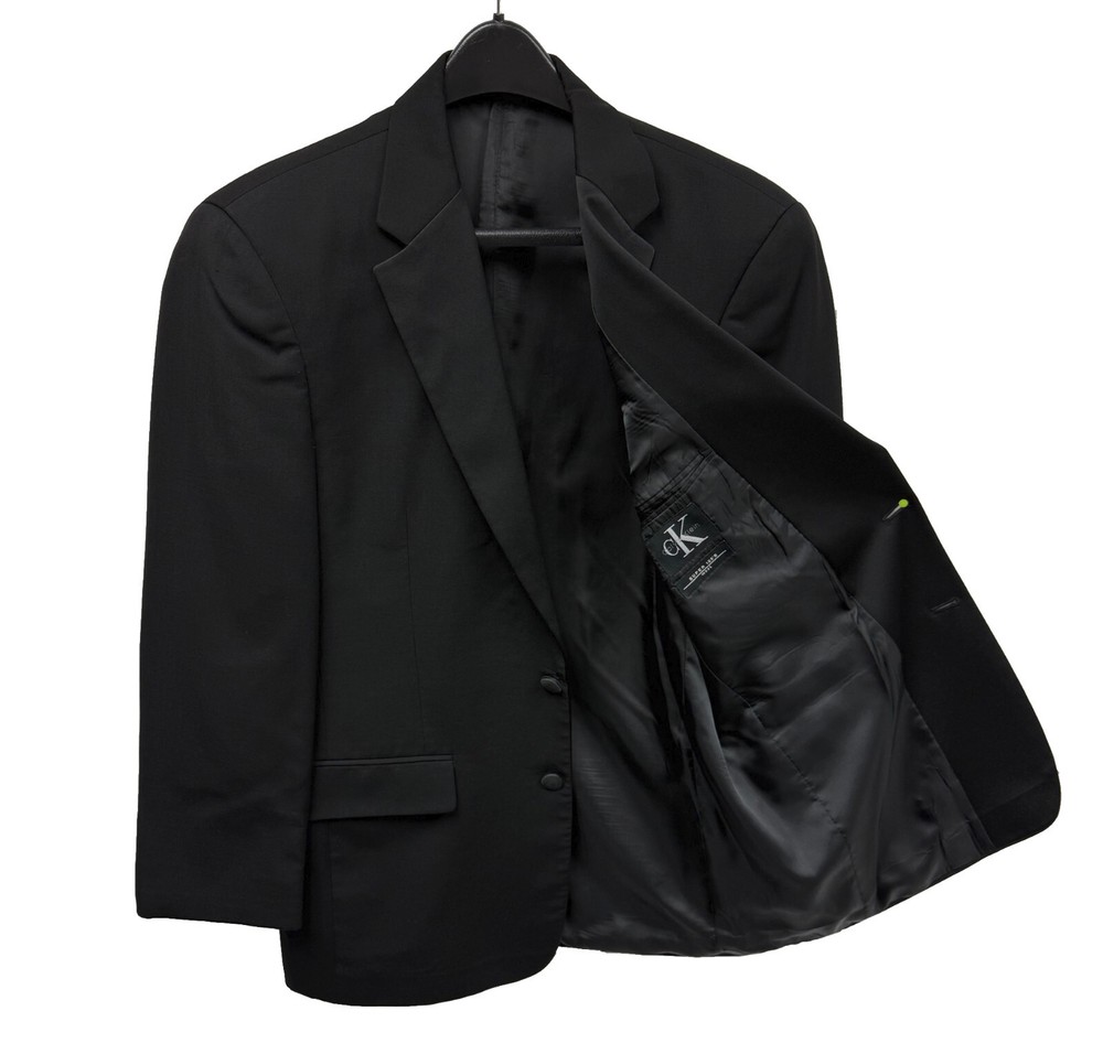 Calvin Klein Men's Black Tuxedo Jacket 2-Button Satin Notch Lapels Wool Size 42R