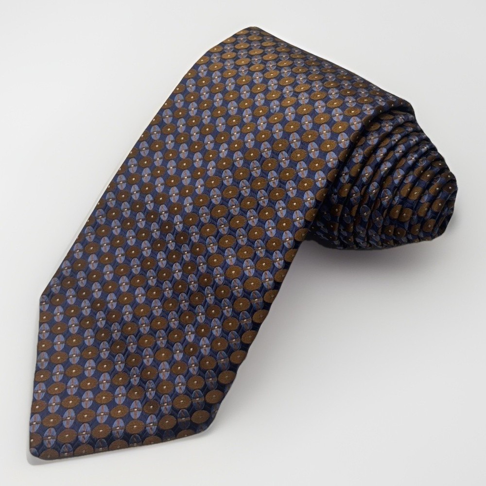Ike Behar New York 100% Silk Tie Brown Purple Gold Geometric Oval Pattern