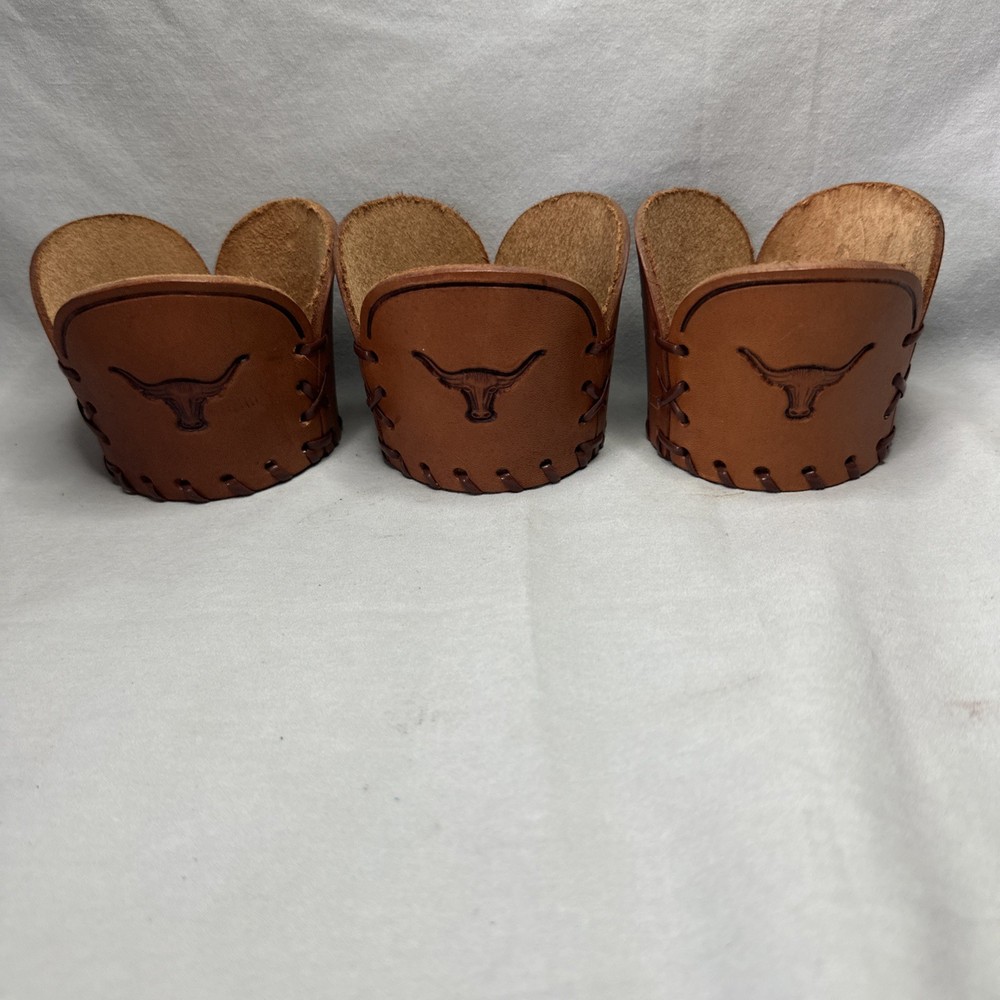 3 Vtg Libbey Bamco Western Longhorn Hand-Tooled Leather Glass Holders