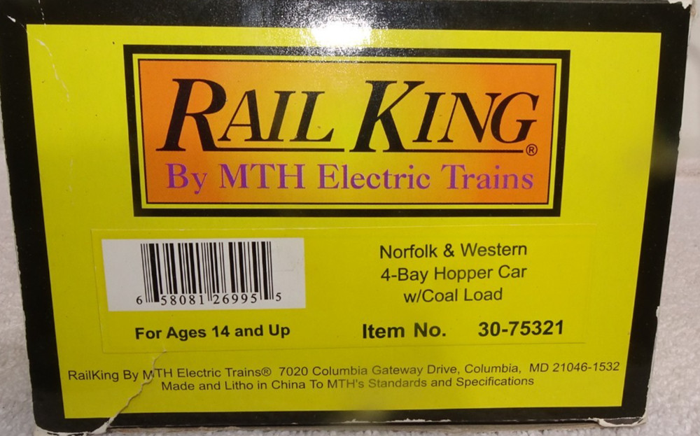 Mth Railking Norfolk & Western 4-Bay Hopper Car W/ Coal Load O Gauge 30-75321