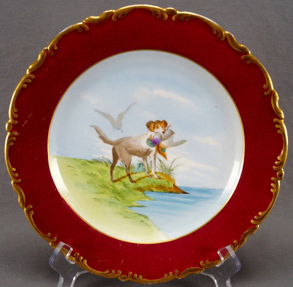 Fischer & Mieg Hand Colored Hunting Dog & Game Birds 9 5/8 Plate C 1873 - 1891