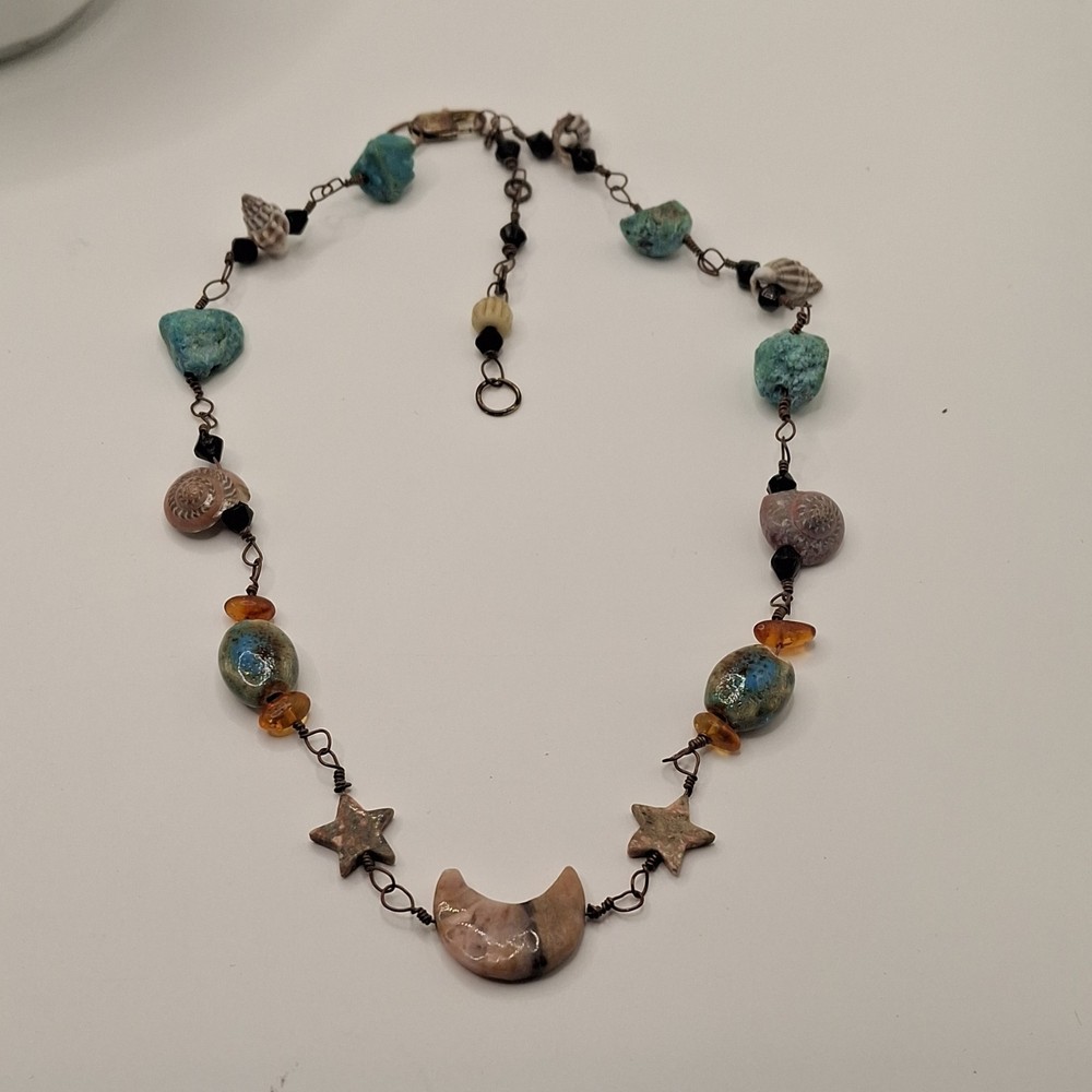 Artisan Handcrafted Necklace with Crescent Moon Star Stone Glass Charms 0013