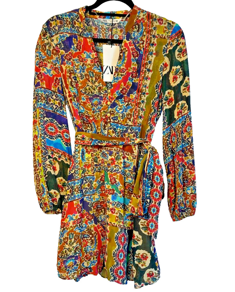 ZARA Floral Patchwork Print Long Sleeve Belted Mini Dress Sz S Boho Sheer NEW
