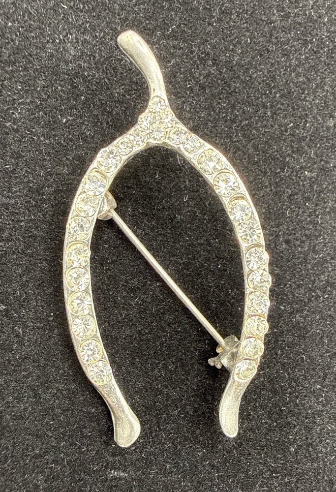 Vintage Rhinestone Wishbone Brooch Silver Tone Lucky Horseshoe Pin