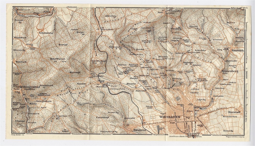1925 Original Vintage Map Of Vicinity Of Wiesbaden / Hesse / Germany