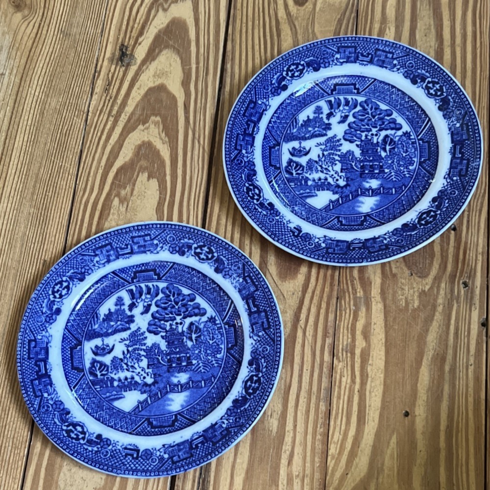 Allertons Willow Blue White Ceramic 6” Plates England Pottery Decorative Set/2