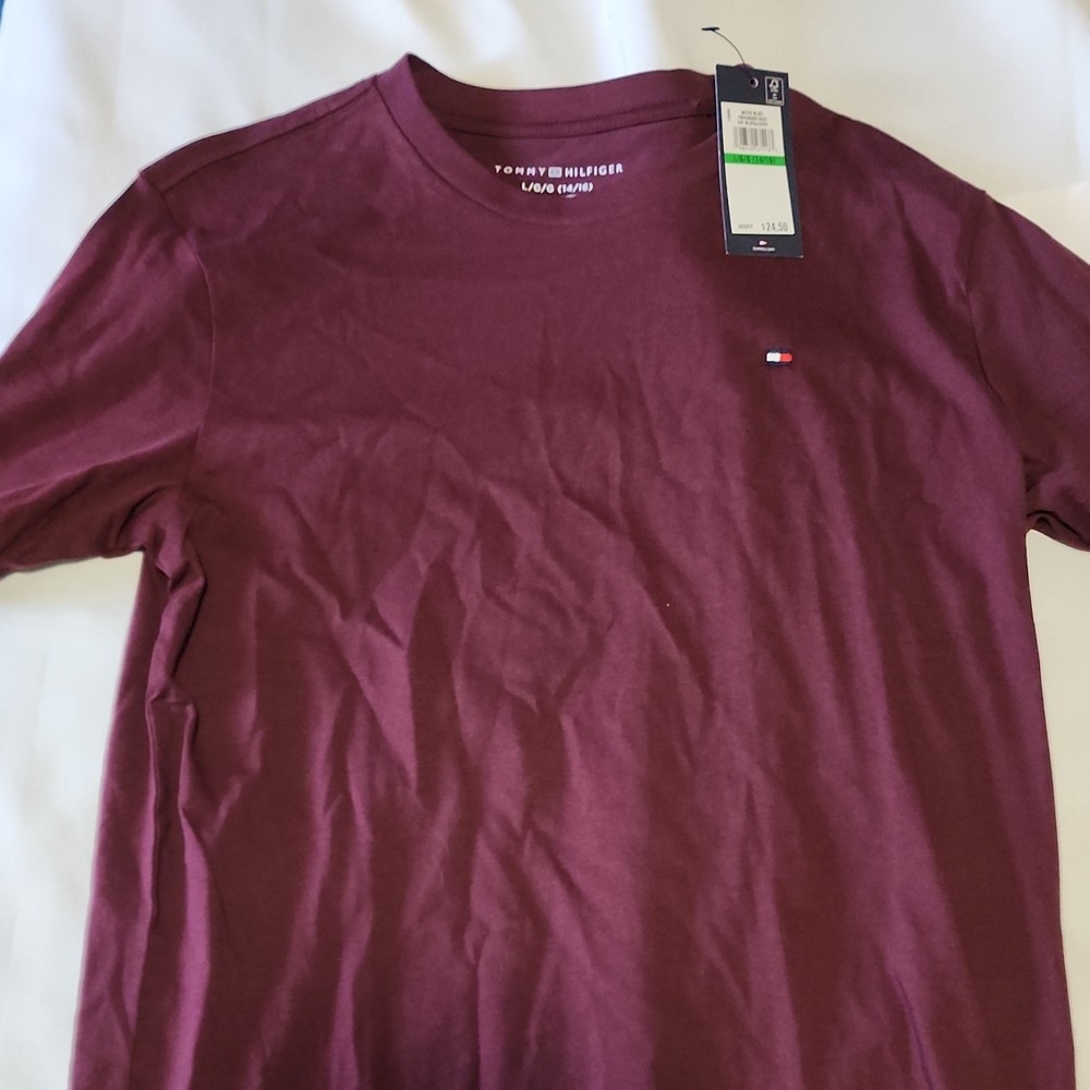 Set of 2 Tommy Hilfiger Boys T-Shirts L/G/G (14/16) Burgundy White Cotton Logo